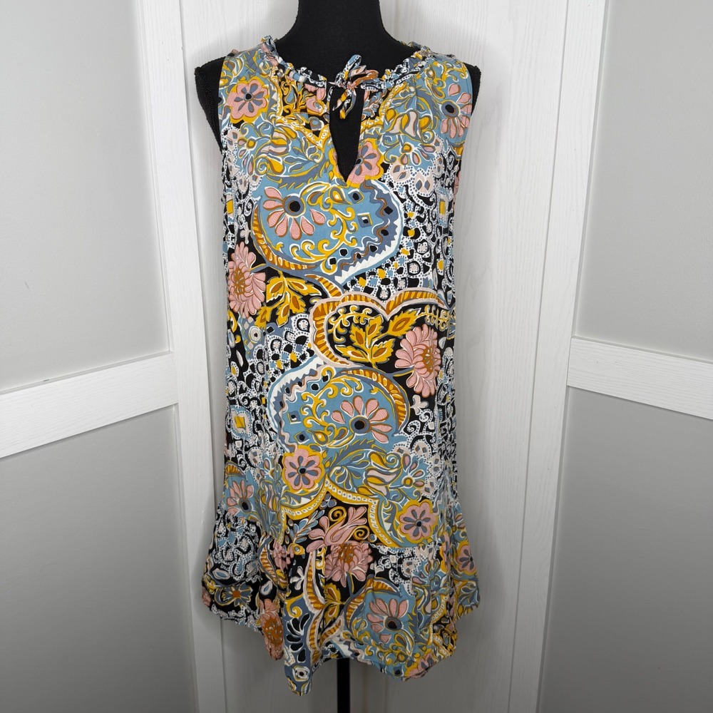 Loft Sleeveless Shift Dress Womens Small Blue Paisley Floral Ruffle Tie Neck